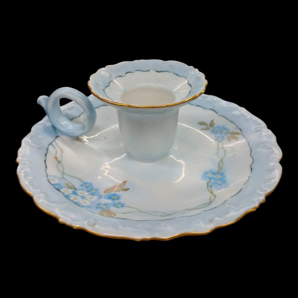 Antique Limoges Chamberstick Candle Holder Tressemann & Vogt Blue Forget Me Not